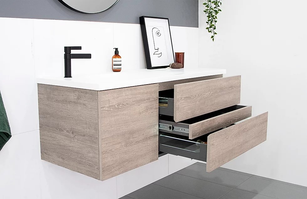 Drift 1200mm Wall Hung Vanity Open Drawers Side View