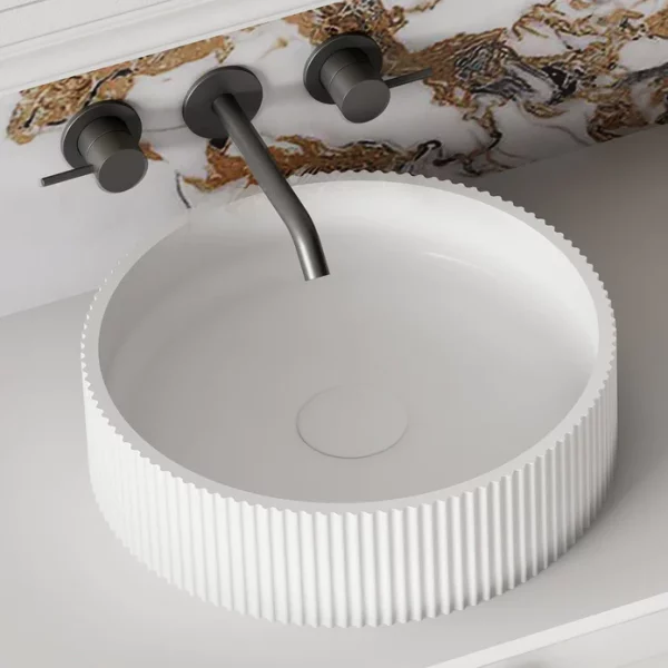 Cassa Design V Groove 360mm Solid Surface Stone Above Counter Basin Matte White Top 695x695